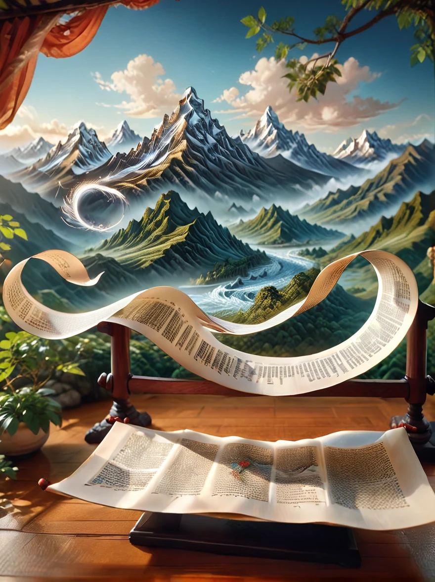 An open scroll floats in mid air, with some ancient texts on it. On the open scroll stand several ancient poets, with illustrations of mountains and rivers in the background. Featuring undulating mountain ranges, silk, macro, high-definition and ultra realistic, long waves, fresh and elegant, macro perspective, top-down view, elegant