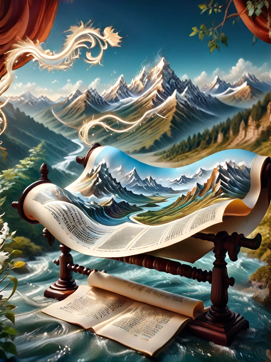 An open scroll floats in mid air, with some ancient texts on it. On the open scroll stand several ancient poets, with illustrations of mountains and rivers in the background. Featuring undulating mountain ranges, silk, macro, high-definition and ultra realistic, long waves, fresh and elegant, macro perspective, top-down view, elegant