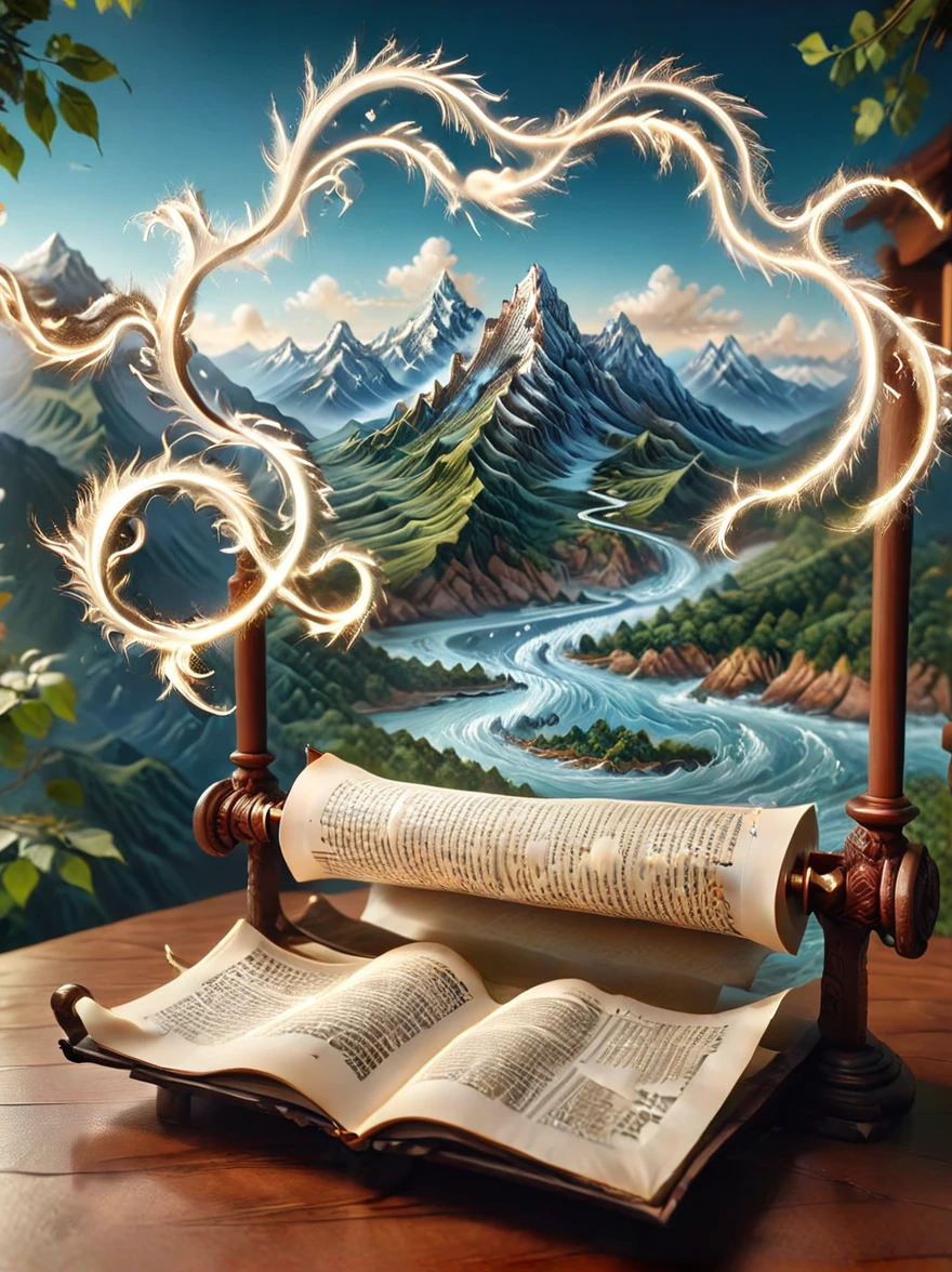 An open scroll floats in mid air, with some ancient texts on it. On the open scroll stand several ancient poets, with illustrations of mountains and rivers in the background. Featuring undulating mountain ranges, silk, macro, high-definition and ultra realistic, long waves, fresh and elegant, macro perspective, top-down view, elegant