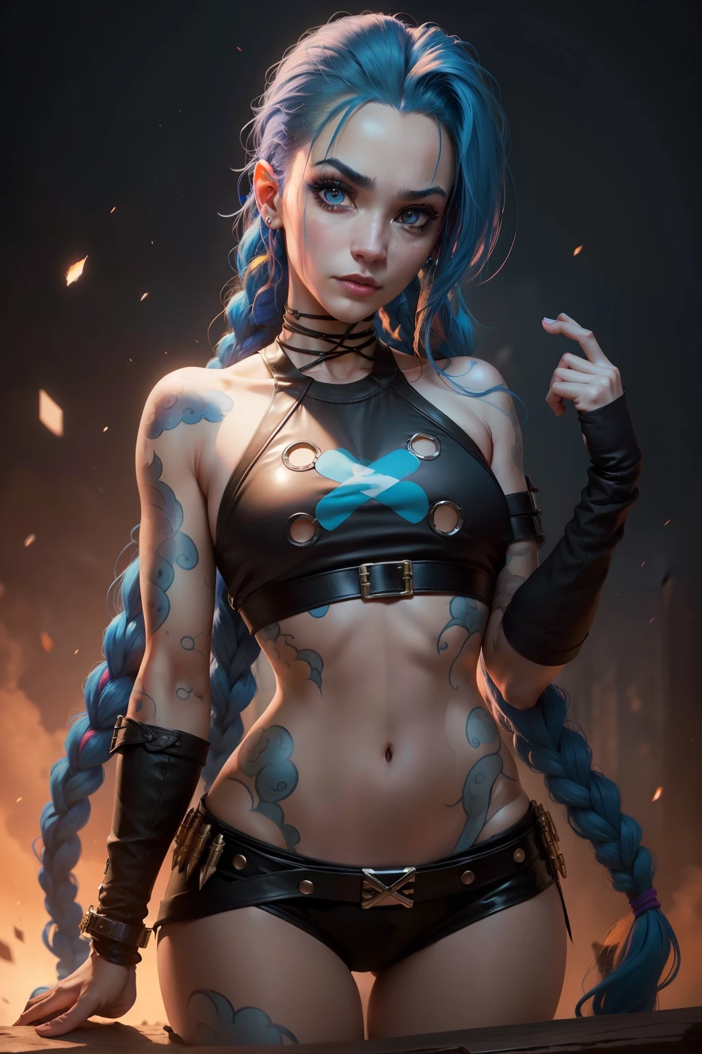 primer plano, de, un, mujer, con, pelo azul, y, blusa negra, portrait of Jinx de Arcano, Jinx de Arcano, extremadamente detallado, estilo artgerm, placa artgerm, kda, cara de gafe, IG model chica con cabello azul trenzado, Gafe, arcano. Gafe. En tercera persona, Efecto de desenfoque, Long exposure, 8K, ultra HD, natural lighting, changing lighting, cinematographic Lighting red. burst