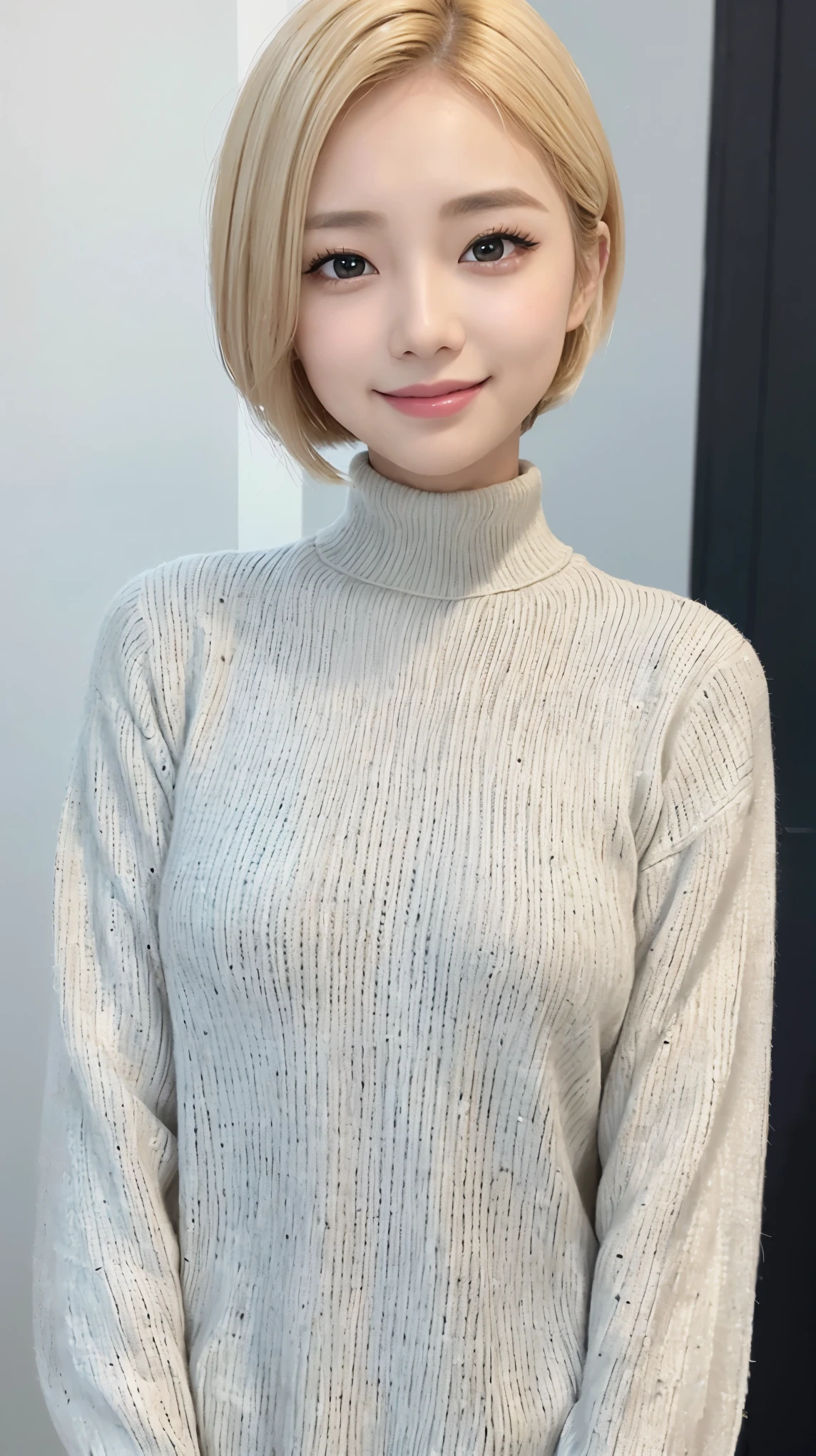 real, masterpiece, highest quality, A photo of a woman smiling happily, beautiful and detailed eyes, long slit eyes, black eyes, thin eyebrows, Make your eyelashes delicate, long eyelashes, false eyelashes, (hidden creased eyelids:1.3), (blonde hair, short hair, middle part:1.3), A little tooth is visible, Dark blue turtleneck sweater
