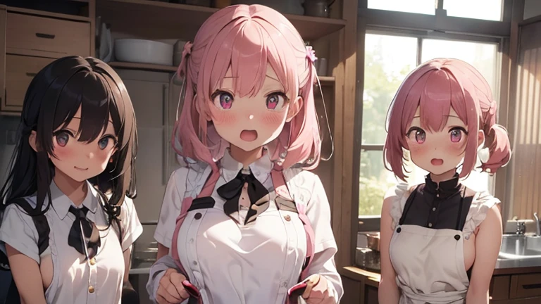 mastute piece,Best Quality,insanely detailed,8k cg,
(shoot upper body:1.2),long shot,(2girls:1.3),(line up in a row:1.3),looking at viewer,body in front,(all girls nudi-ty:1.2,white neck apron,no clothes:1.2,top-less:1.2,bottom-less:1.2,bare:1.3),
BREAK,
blush,shy,ecstasy face,gasping,(trembling:1.2),pink hair,
break,
perfect breasts,open mouth,kitchen,