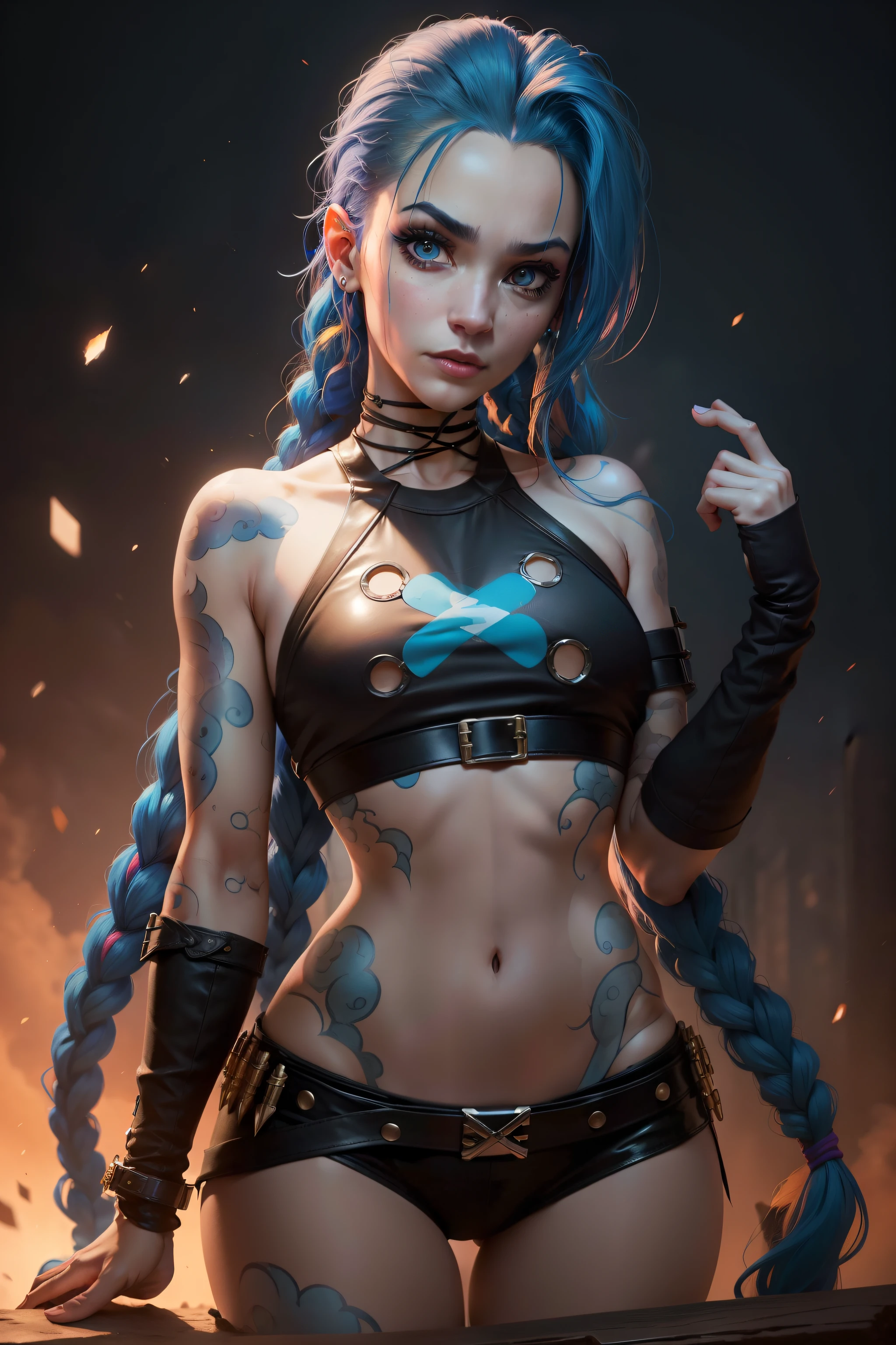 primer plano, de, un, mujer, con, pelo azul, y, blusa negra, portrait of Jinx de Arcano, Jinx de Arcano, extremadamente detallado, estilo artgerm, placa artgerm, kda, cara de gafe, IG model chica con cabello azul trenzado, Gafe, arcano. Gafe. En tercera persona, Efecto de desenfoque, Long exposure, 8K, ultra HD, natural lighting, changing lighting, cinematographic Lighting red. burst