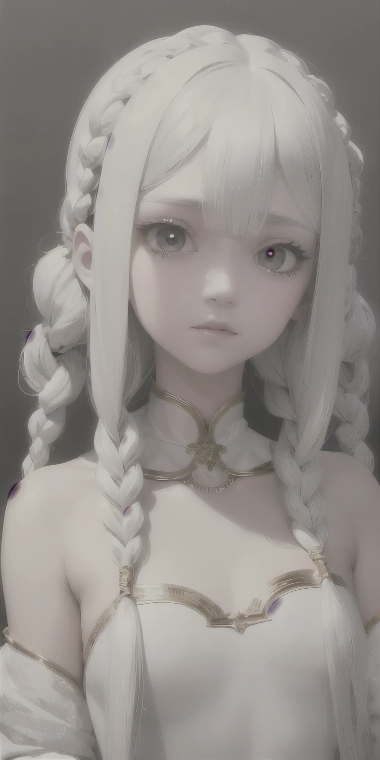 best quality, masterpiece,white hair, gold eyes,white clothes, looking up, upper body,hair strand,Fair skin,side braids