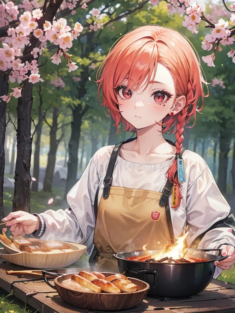 (best quality,4k,highres,masterpiece:1.2),(realistic,photorealistic:1.37),camping girl, two-tone hair, sparkling eyes, freckles, red eyes, ear piercings, ingredients, cooking, spring, camping, cherry blossoms, nature, campfire meal, sunny, frying pan, toast, wood