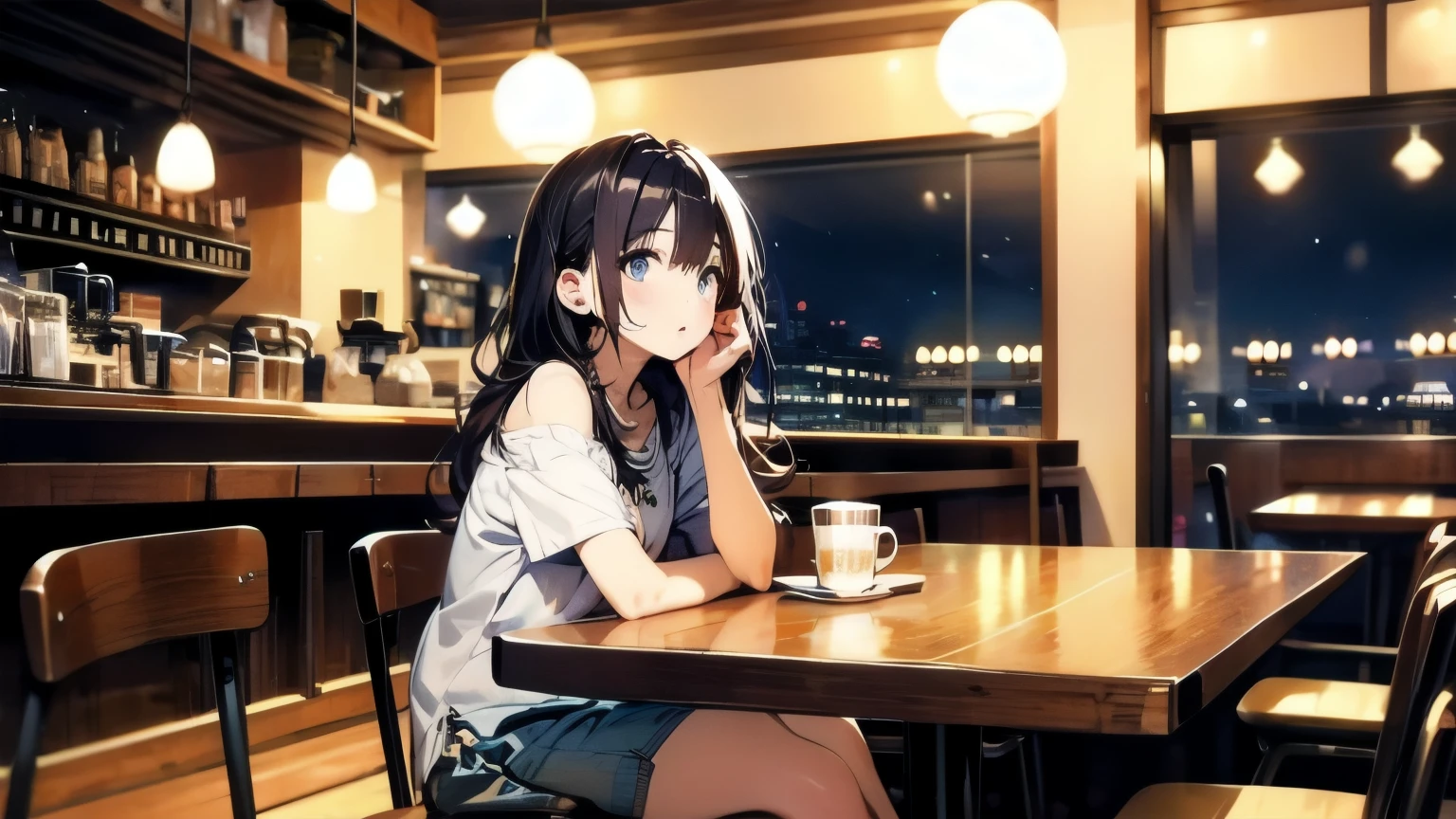 girl、whole body、detailed eyes、look far away、((take your eyes off))、night cafe、indoor、relax、coffee