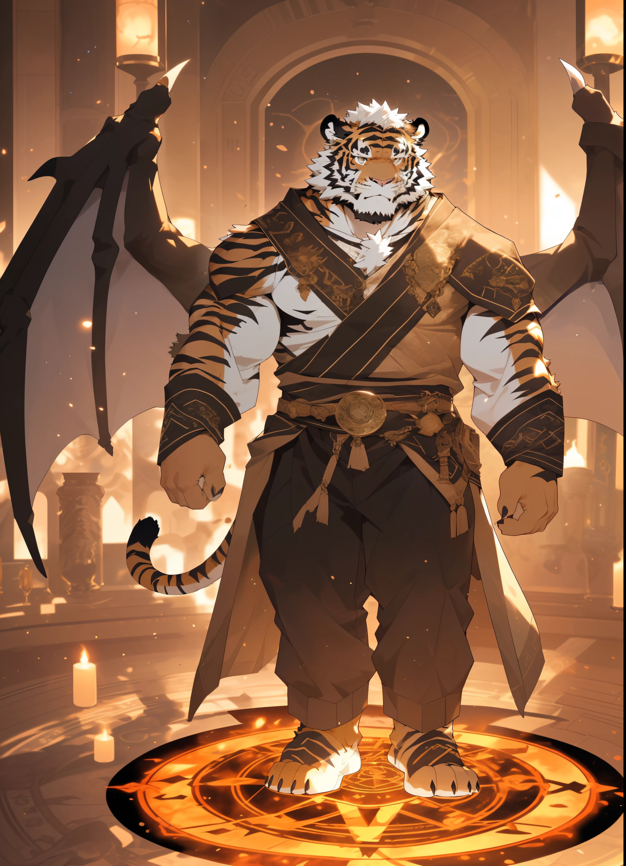 hairy，（Tiger，demonic form，have wings），beard，golden fur，white short hair，male，brown eyes，Common，Summoning Circle，dim lights，detailed background，Extremely lifelike shade，masterpiece，Very detailed，lifelike