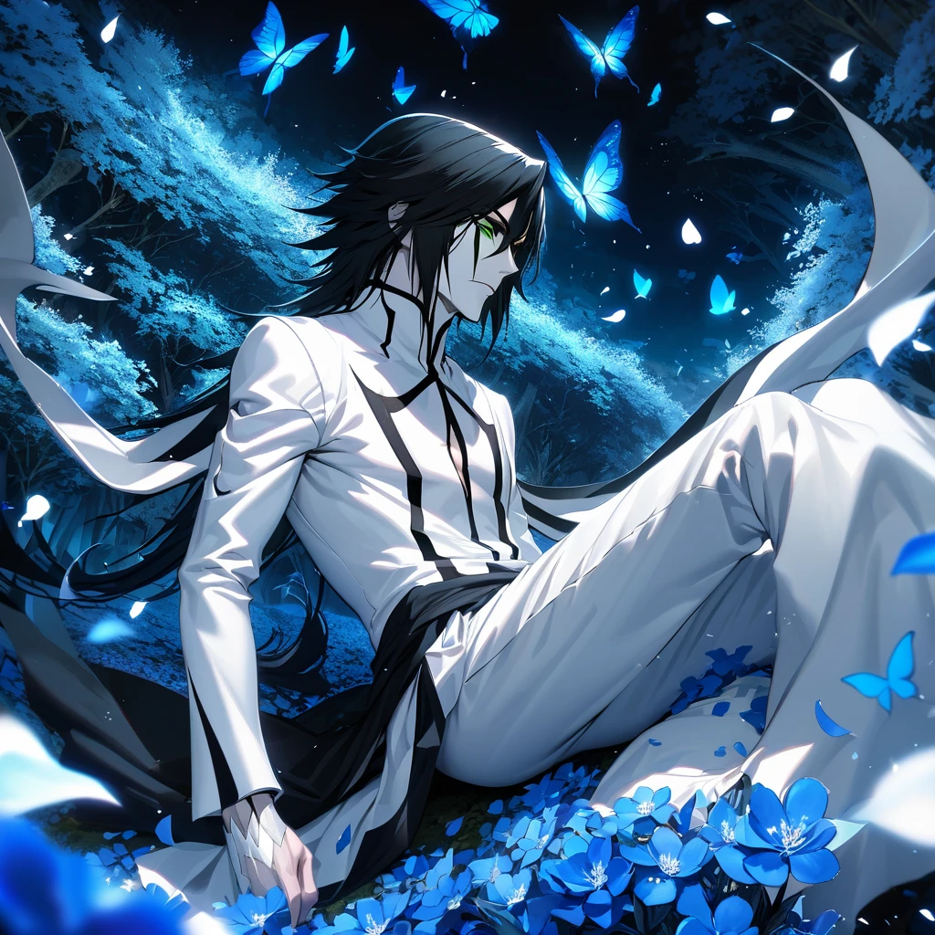 Ultra detailed, highres, absurdres, HDR, Ulquiorra cifer, black hair, green eyes, pale skin, arrancar white clothes, Bleach, handsome, 1 man only, blue leaves, petals, flowers, butterflies, blue forest,