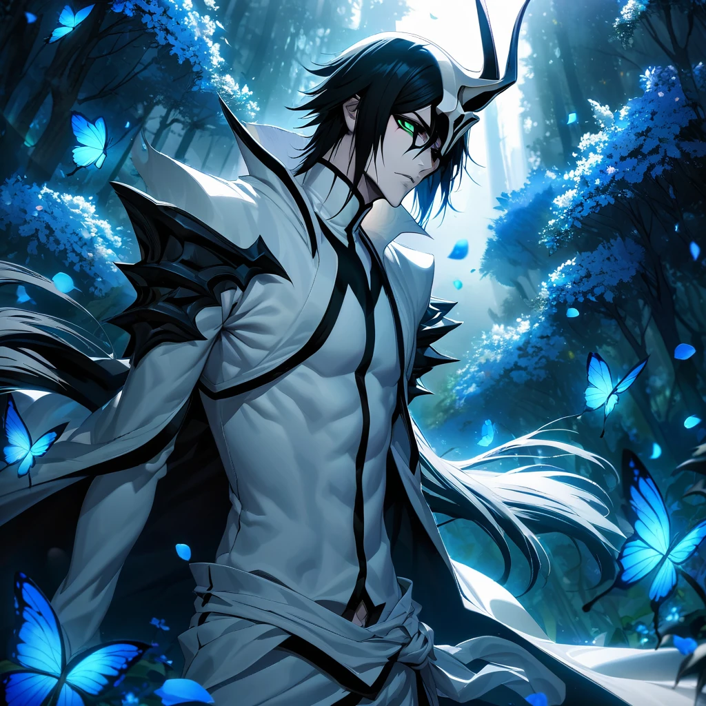 Ultra detailed, highres, absurdres, HDR, Ulquiorra cifer, black hair, green eyes, pale skin, arrancar white clothes, Bleach, handsome, 1 man only, blue leaves, petals, flowers, butterflies, blue forest,