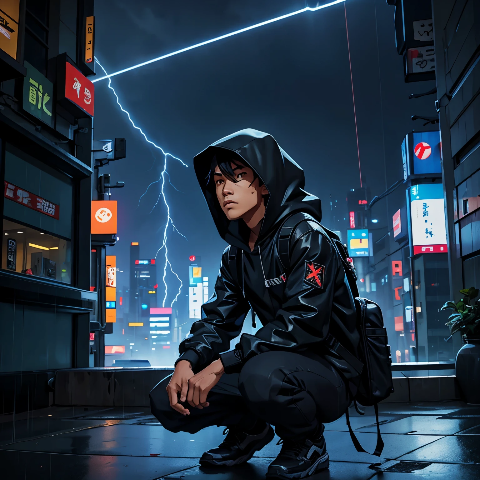 Filipino male hooded cyberpunk hacker, wearing hi-tech headgear and hi-tech backpack, crouching on high rooftop overlooking the streets of Tokyo, in heavy rain and lightning, at night 