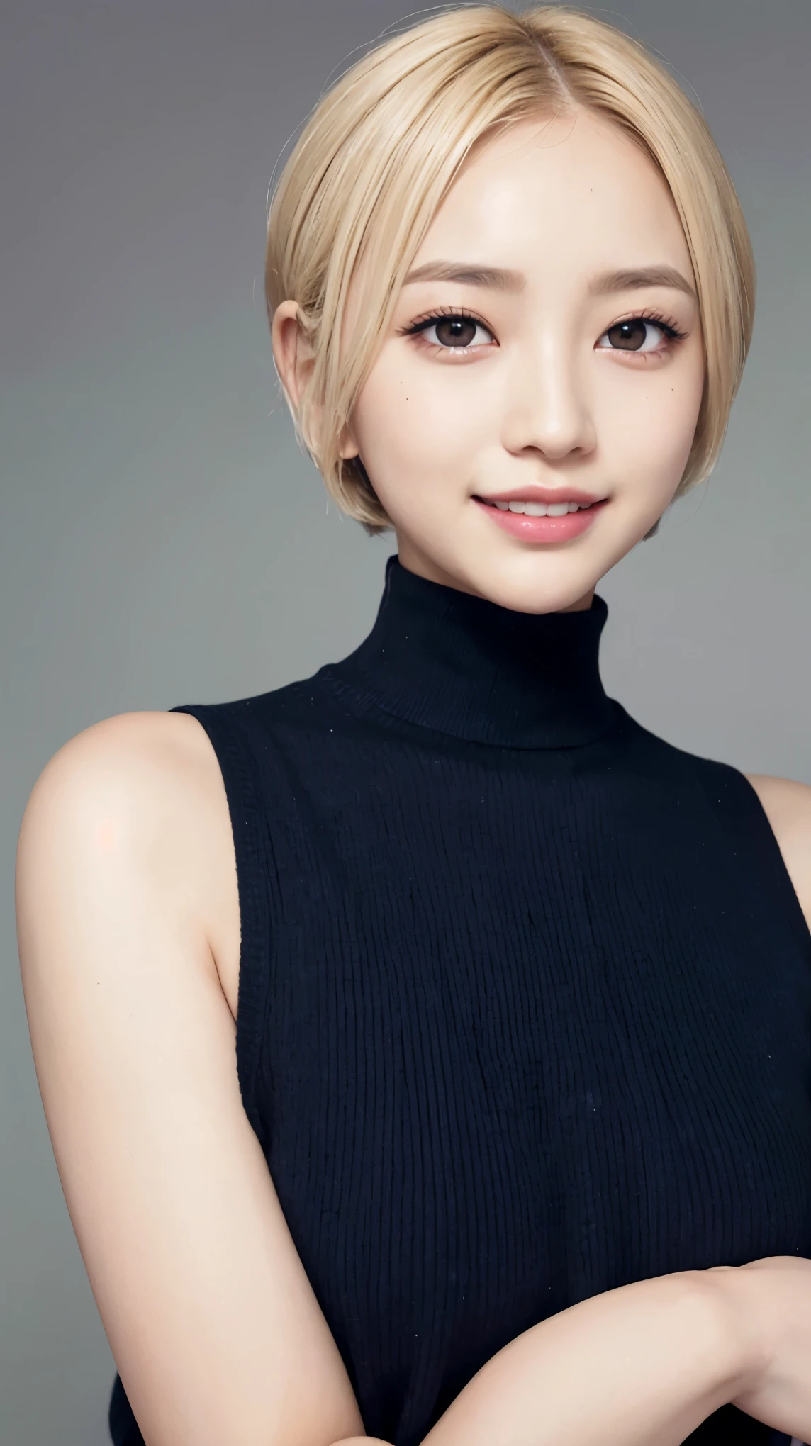 real, masterpiece, highest quality, A photo of a woman smiling happily, beautiful and detailed eyes, long slit eyes, black eyes, thin eyebrows, Make your eyelashes delicate, long eyelashes, false eyelashes, (hidden creased eyelids:1.3), (blonde hair, short hair, middle part:1.3), A little tooth is visible, Dark blue turtleneck sweater