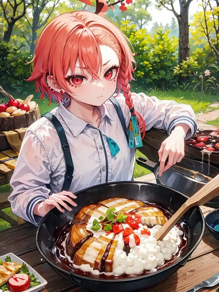 campしている***、two tone hairstyle、(Bruaka)flannel、My eyes are sparkling、mole、red eyes、ear piercing、ingredients、cooking、camper、spring、camp、Cherry Blossom、nature、camp飯、camp道具、sunny、frying pan、toast、wood