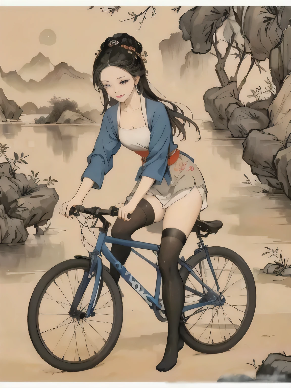 a close up of a woman Cycling on a beach, Cycling!!, author：Yang Jie, by Qu Leilei, Chinese painting style, 🚿🗝📝, inspired by Wu Shixian, Cycling, guweiz style artwork, guweiz, Inspired by Chen Yifei, Popular topics on cgstation, Chinese girl，big breasts，black，Smile，