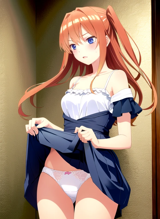 (masterpiece:1.2, highest quality), Super detailed illustrations, perfect anatomy, (skirt lift:1.5), ((grabbing skirt)),((panties)), alone, 1 female, small breasts, (blush all over the face), embarrassing, camisole,front shot,cowboy shot, (toilet:1.2),(toilet bowl:1.3), night:1.5),(dark background:1.1), , very fine hands, panty shot, ((accentuate white panties)), lift the skirt, place both hands in front of your stomach,