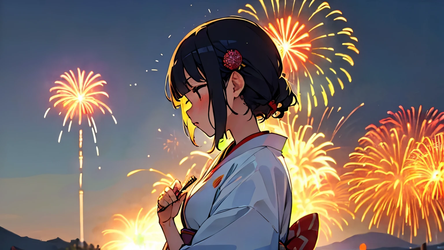 There is a woman wearing a yukata, Watch a spectacular fireworks display. The fireworks are big、、Symbolizes the summer night of traditional Japanese festivals。. (((A woman is moved by the fireworks))). (High quality illustrations).((Transparent overall)),Fireworks are great