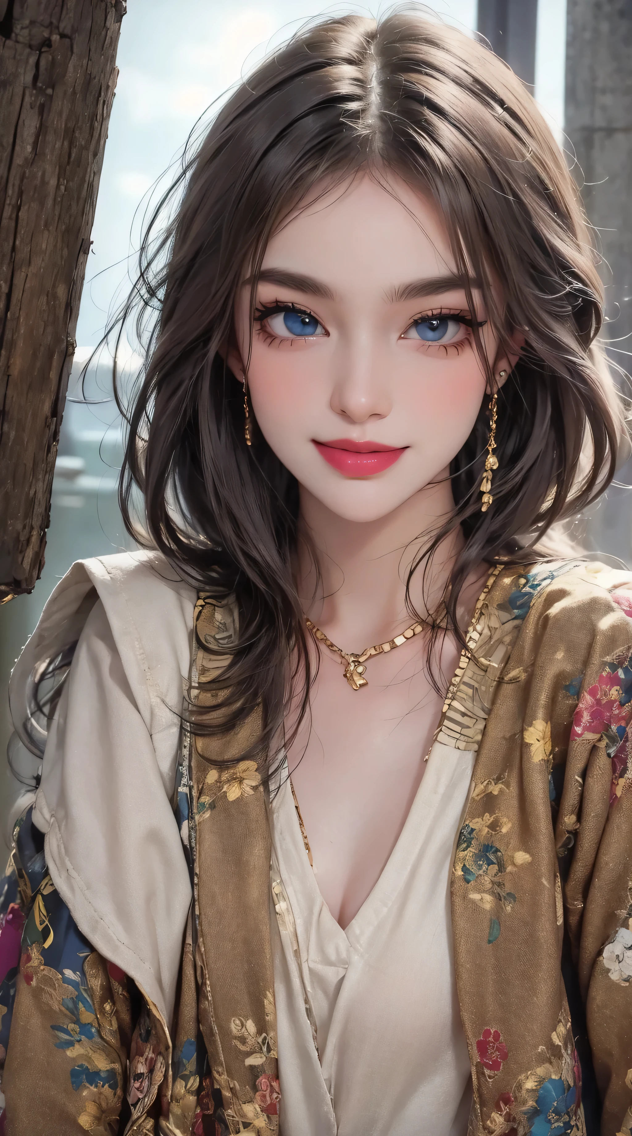 outdoor、Light brown short hair、smile、