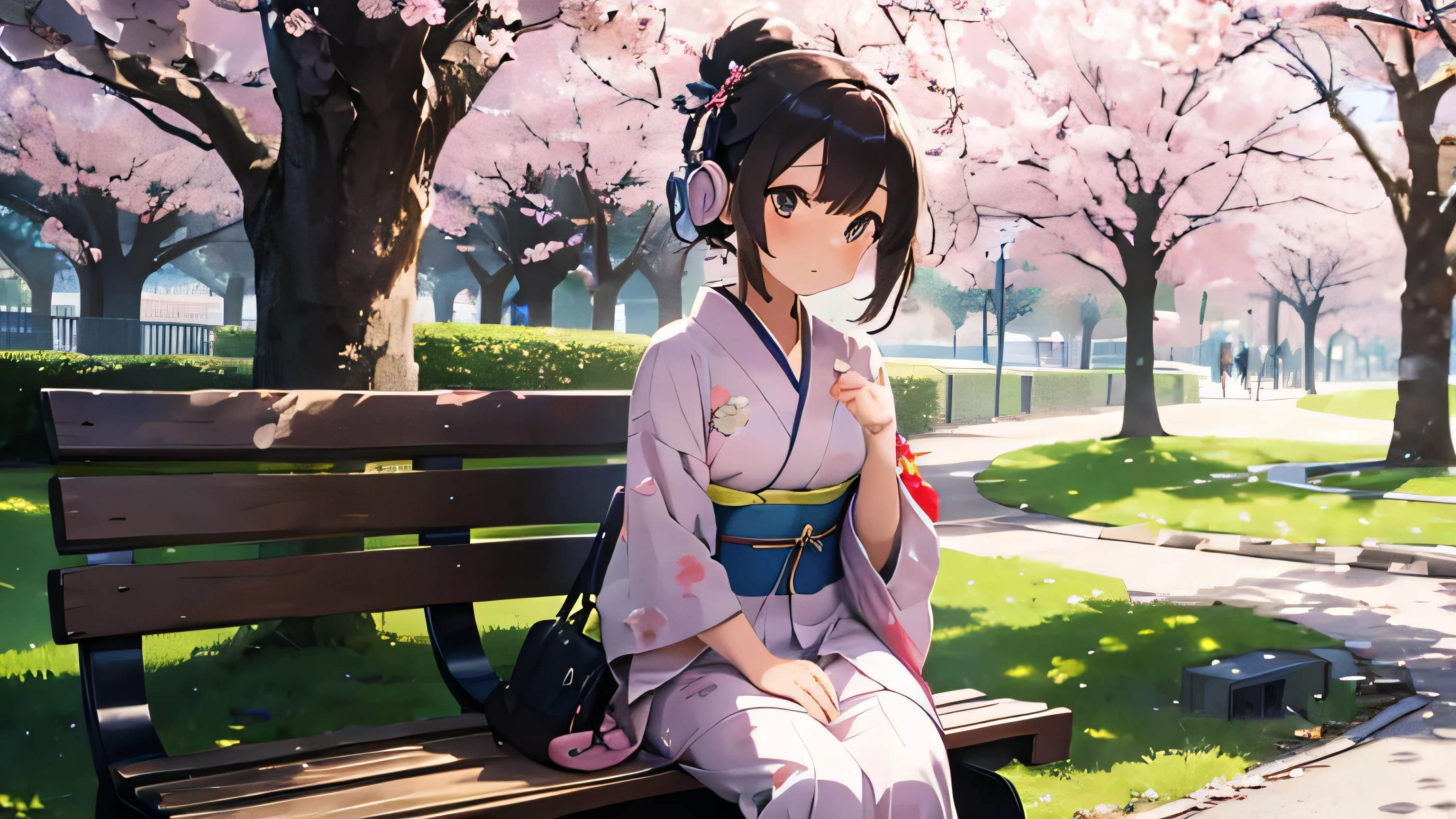 A beautiful girl wearing a kimono is listening to music on a bench in the park with headphones Sunny and clear April weather、The cherry blossoms in the park are in full bloom and the cherry blossom snowstorm is waiting for you. Japanese anime style