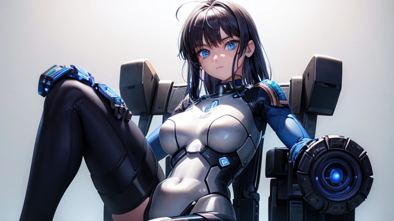 N Radio Wave, 1 girl, alone, robot, cyborg, Very obvious, simple background, blue eyes, Front view, belly button, sitting in a chair, looking at the viewer, student, Big eyes, realistic, white background, Please dress,