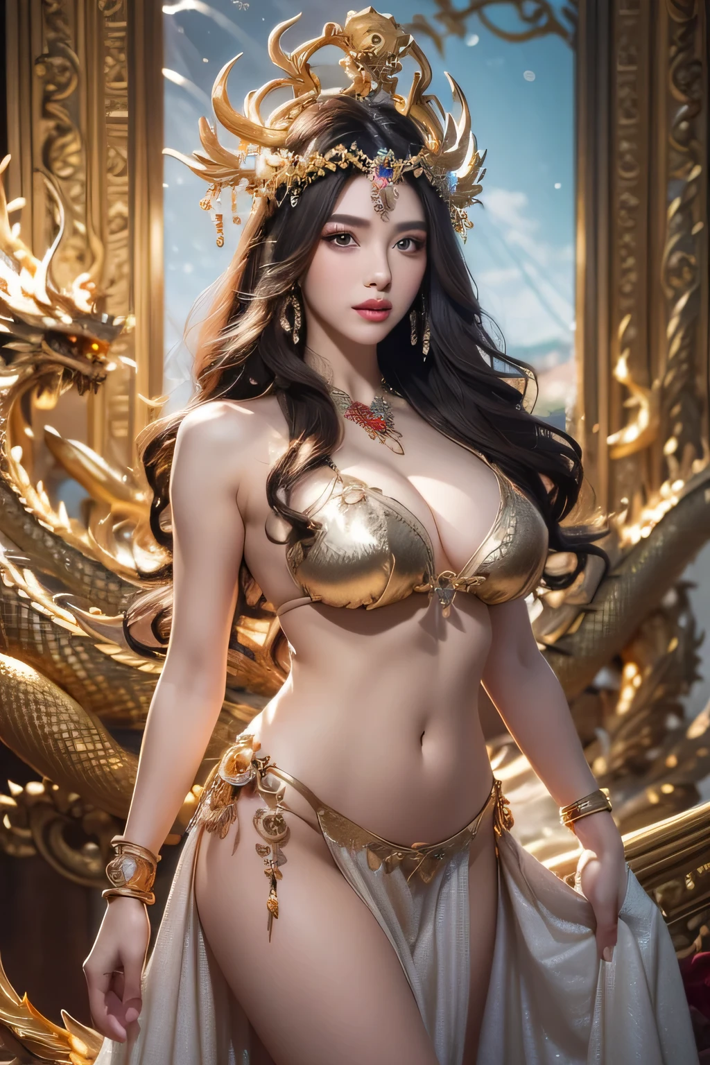 High-quality work,Realistic works,Super premium graphics,8K HD CG works,high quality graphics,High-definition and exquisite CG works,10x pixels,Ultra-fine details:1.1,Advanced technical details:1.1Realistic photo effects,Interior lighting effects:1.5,natural soft light:1.5. Light effect(Virtual light effects:1.8),ultra high resolution,shining dress,sliver long hair,silber hair,transparenthair,high detailed hair(Quality hair details:1.1)Clear eyes,Double eyelids look good,Sharp eye makeup, Create exquisite eyelash makeup, tthin eyebrows, Ultra-detailed eyes,a tall nose, lovely red lips, rosey cheeks, With delicate makeup on her face , pretty face, The face shape is perfectly proportioned,(Advanced facial details:1.1)(dragon armor)、(((Colossal tits))),dragon armor、(((large floral ornament on the head))),(((Detailed Micro Bikini))),(Wearing a beautiful crown made of jewels),(Photorealsitic:1.4)、Raw photo、1 girl、(((Random hair))、(((Take different poses)))、glowy skin、(((gold china dragon)))、Intricate and ornate hair ornaments、(Looks like a gorgeous jewelry necklace)、(Full Body Angle)、(fight big dragonet bikini)、((Beautiful sea background)),()、Precipitous cliffs、(Castle background)、((super realistic details))、portlate、globalillumination、(sexypose)、Shadow、octan render、8K、ultrasharp、Colossal tits、Raw skin exposed in the cleavage、metals、Details of complex ornaments、Japan details、highly intricate detail、Blue eyes、Eyes shining towards the camera、Toostock、(Full Body Angle)、(veils)、(((Heavy Big))),((she is wearing a beautiful jeweled bangle.)),,Women's artwork,Dress full body video,Realism,Amazing Cleavage,My eyes are very bright today