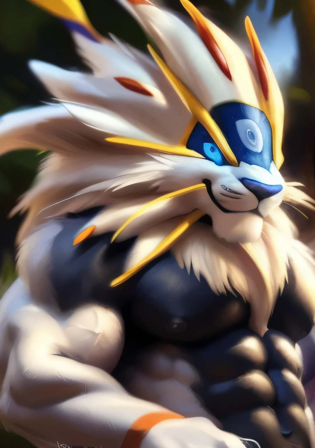 (((Solgaleo))), white fur, pokemon, blue visor, high mane, white mane, Lion, male, solo, adult, abs, pecs, big pecs, older, strong muscles, big mane, long mane, detailed face, muscular chest, muscular, cheerful face, bodybuilder body, beefy, bulge, by bruteandbrawn, by personalami, by kenket, (intricate, high detail, film photography, soft focus, RAW candid cinema, photorealism, realistic, photorealistic, analog style, subsurface scattering, masterpiece, best quality, ultra realistic, 8k)