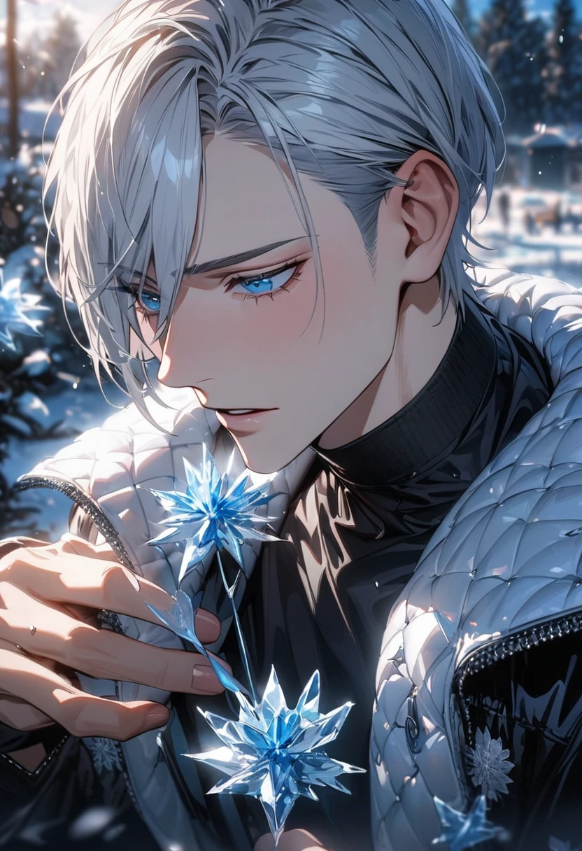 absurdres, highres, ultra detailed, HDR), masterpiece, Victor Nikiforov, silver short hair, expressive blue eyes, 1man, handsome, Yuri On Ice, black clothes, winter, ice butterflies, ice flowers