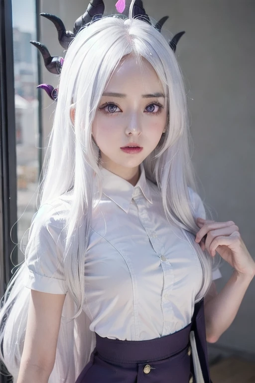 1Girl, hina sorasaki, white hair, purple eyes, forehead, uniform, narrow waist, sexy, skinny, cute