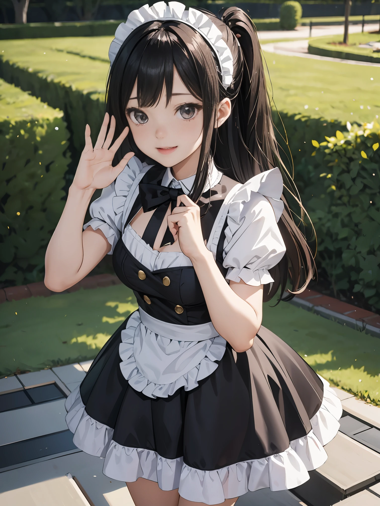 top-quality、8K Masterpiece、Draw the face in detail、1 ish girl、maid costume、kawaii pose、professional lighting、Happy expression、Shiny black hair、perfect anatomy、garden