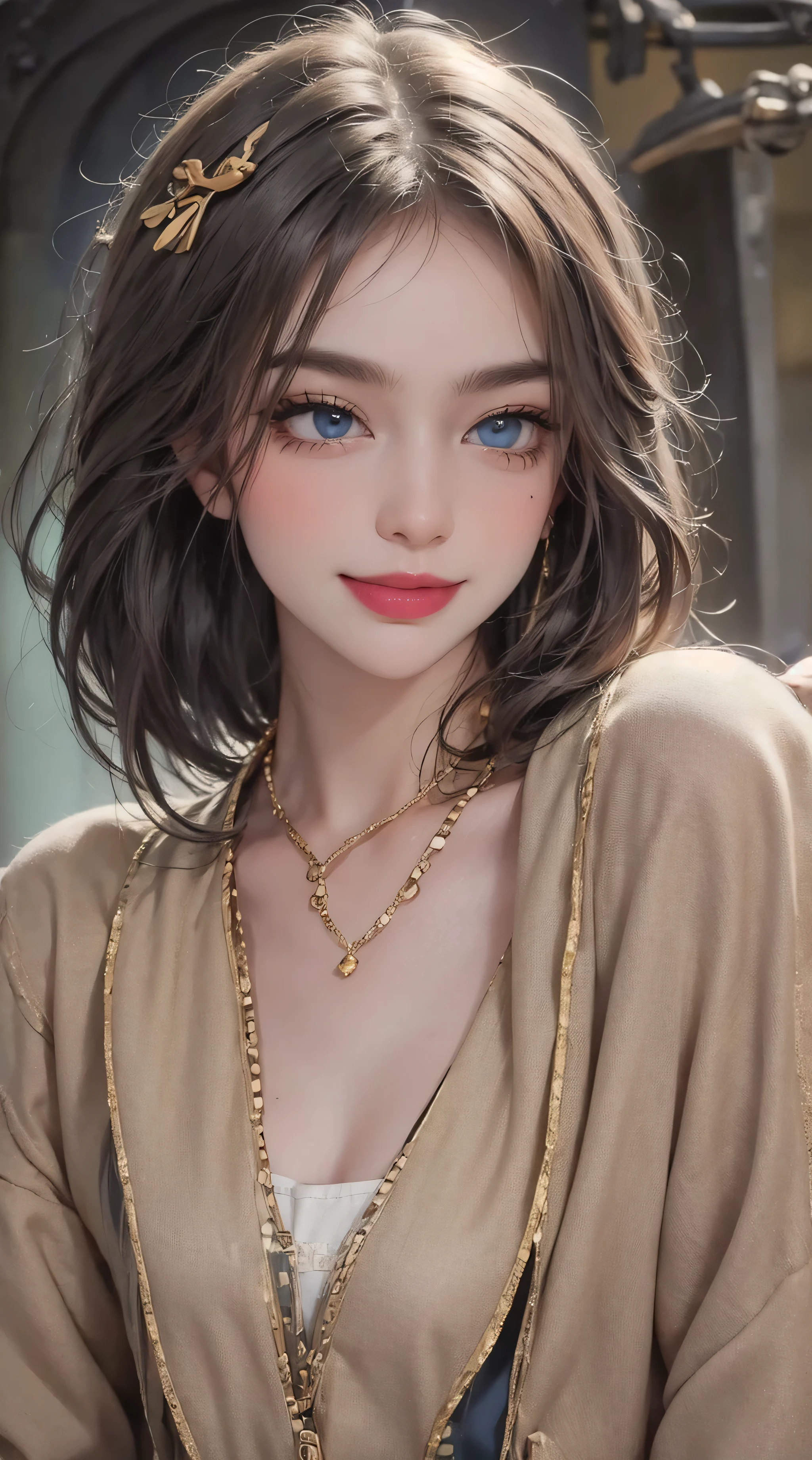 outdoor、Light brown short hair、smile、