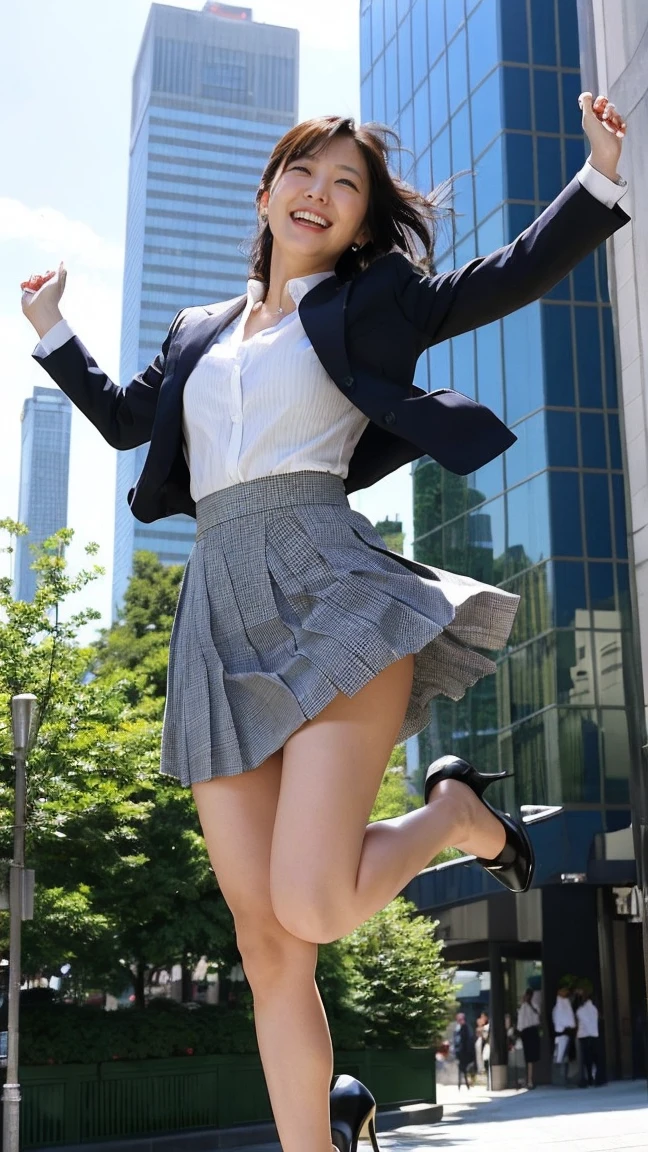 highest quality、masterpiece、ultra high resolution、(realistic:1.4)、Downtown Tokyo、woman、ライオンから逃げるwoman、(((jump and rotate)))、grin and laugh、beautiful woman、suit、skirt、handbag、high heels