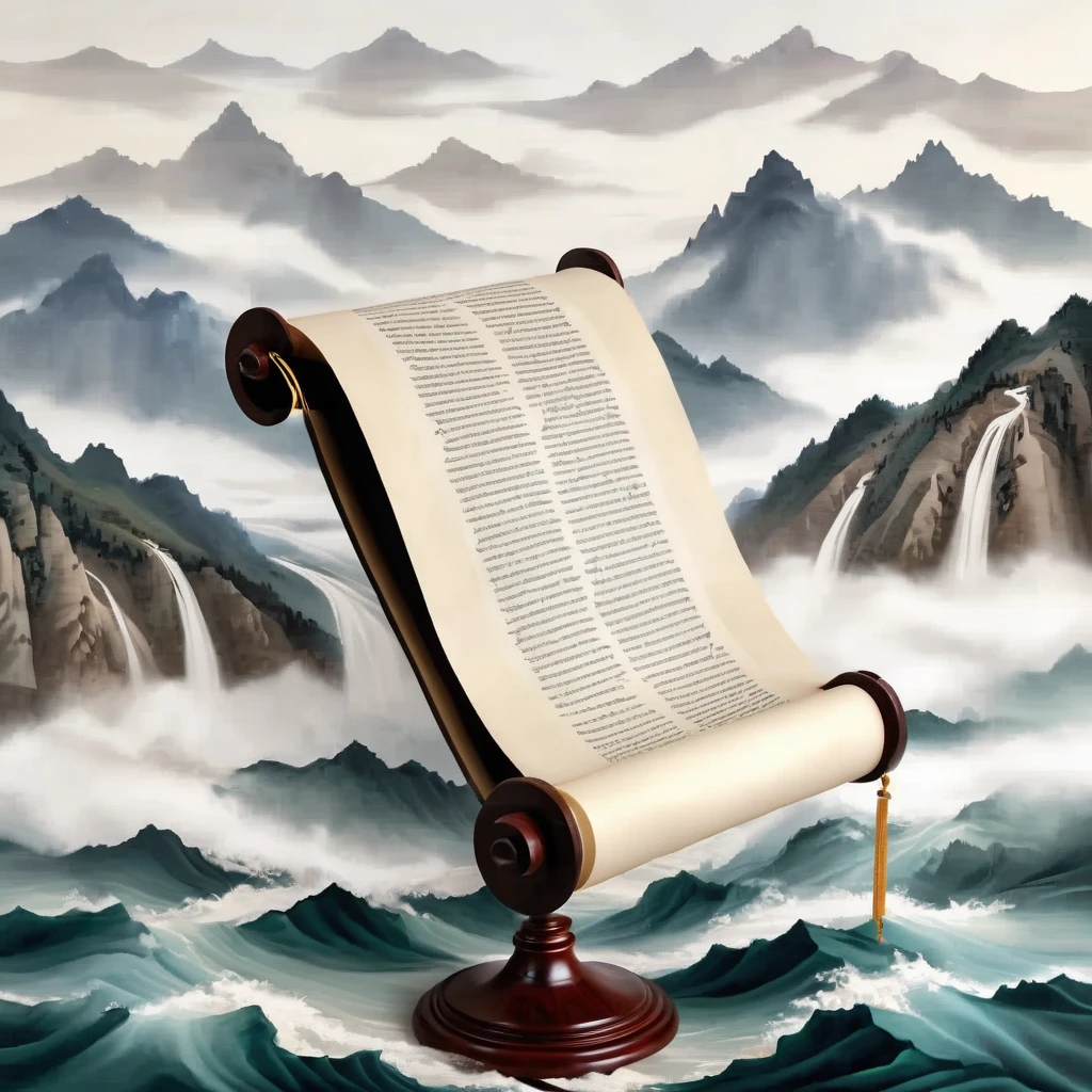 An open scroll floats in mid air, with some ancient texts on it. On the open scroll stand several ancient poets, with illustrations of mountains and rivers in the background. Featuring undulating mountain ranges, silk, macro, high-definition and ultra realistic, long waves, fresh and elegant, macro perspective, top-down view, elegant