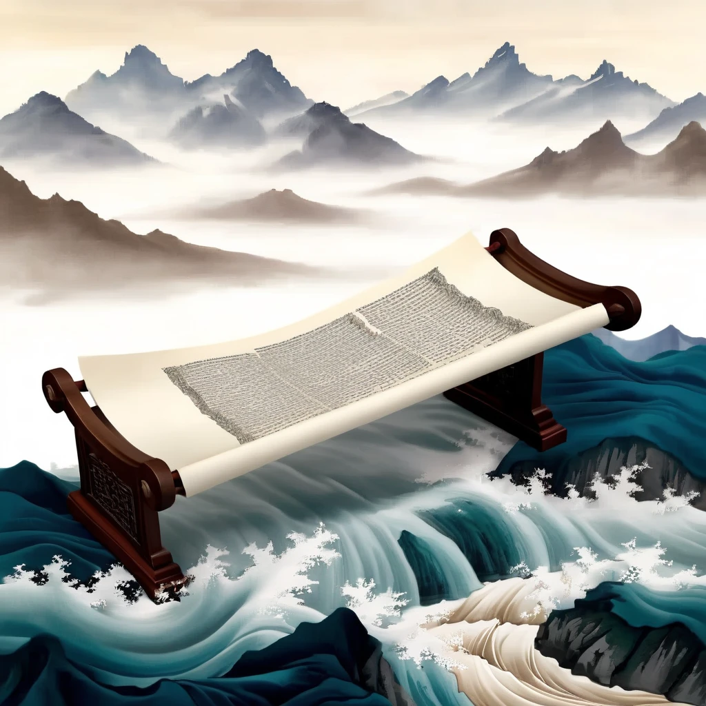 An open scroll floats in mid air, with some ancient texts on it. On the open scroll stand several ancient poets, with illustrations of mountains and rivers in the background. Featuring undulating mountain ranges, silk, macro, high-definition and ultra realistic, long waves, fresh and elegant, macro perspective, top-down view, elegant