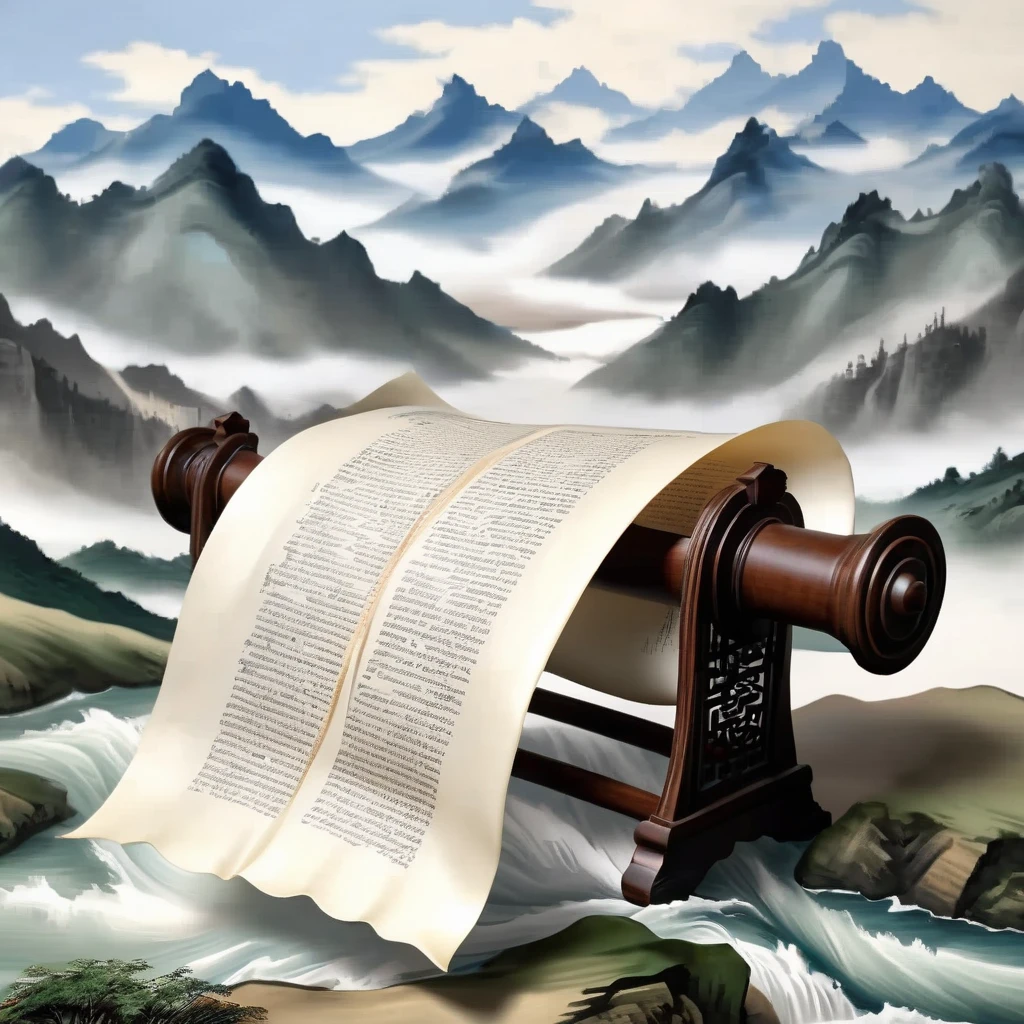 An open scroll floats in mid air, with some ancient texts on it. On the open scroll stand several ancient poets, with illustrations of mountains and rivers in the background. Featuring undulating mountain ranges, silk, macro, high-definition and ultra realistic, long waves, fresh and elegant, macro perspective, top-down view, elegant