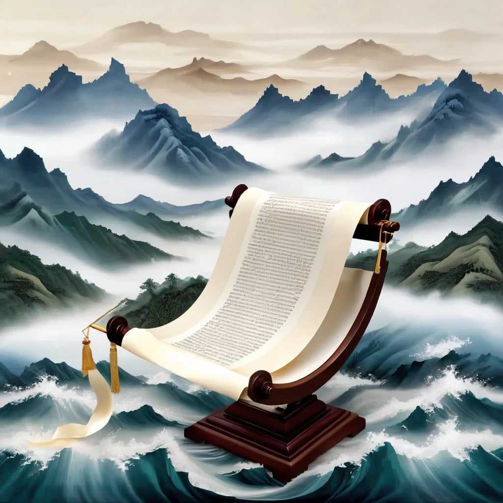 An open scroll floats in mid air, with some ancient texts on it. On the open scroll stand several ancient poets, with illustrations of mountains and rivers in the background. Featuring undulating mountain ranges, silk, macro, high-definition and ultra realistic, long waves, fresh and elegant, macro perspective, top-down view, elegant