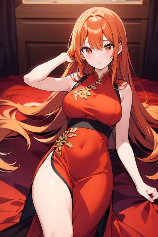 A beautiful woman with straight orange hair wearing an elegant red Asian dress with black edges.