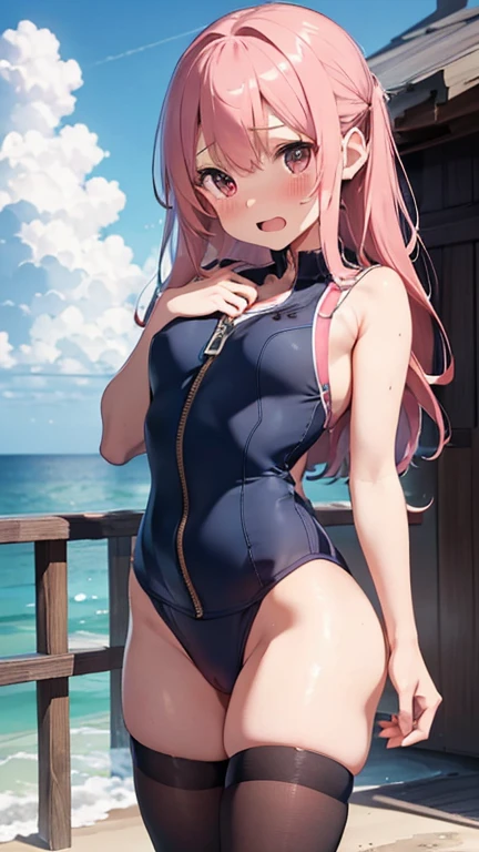 mastute piece,Best Quality,insanely detailed,8k cg,nsfw,
1girl,(navy blue school swimsuit with zipper that from chest through crotch to butts),
BREAK,
blush,shy,ecstasy face,gasping,trembling,pink hair,
break,
perfect breasts,open mouth,
beach,