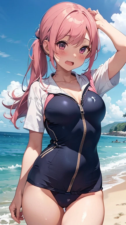 mastute piece,Best Quality,insanely detailed,8k cg,nsfw,
1girl,(navy blue school swimsuit with zipper that from chest through crotch to butts),
BREAK,
blush,shy,ecstasy face,gasping,trembling,pink hair,
break,
perfect breasts,open mouth,
beach,