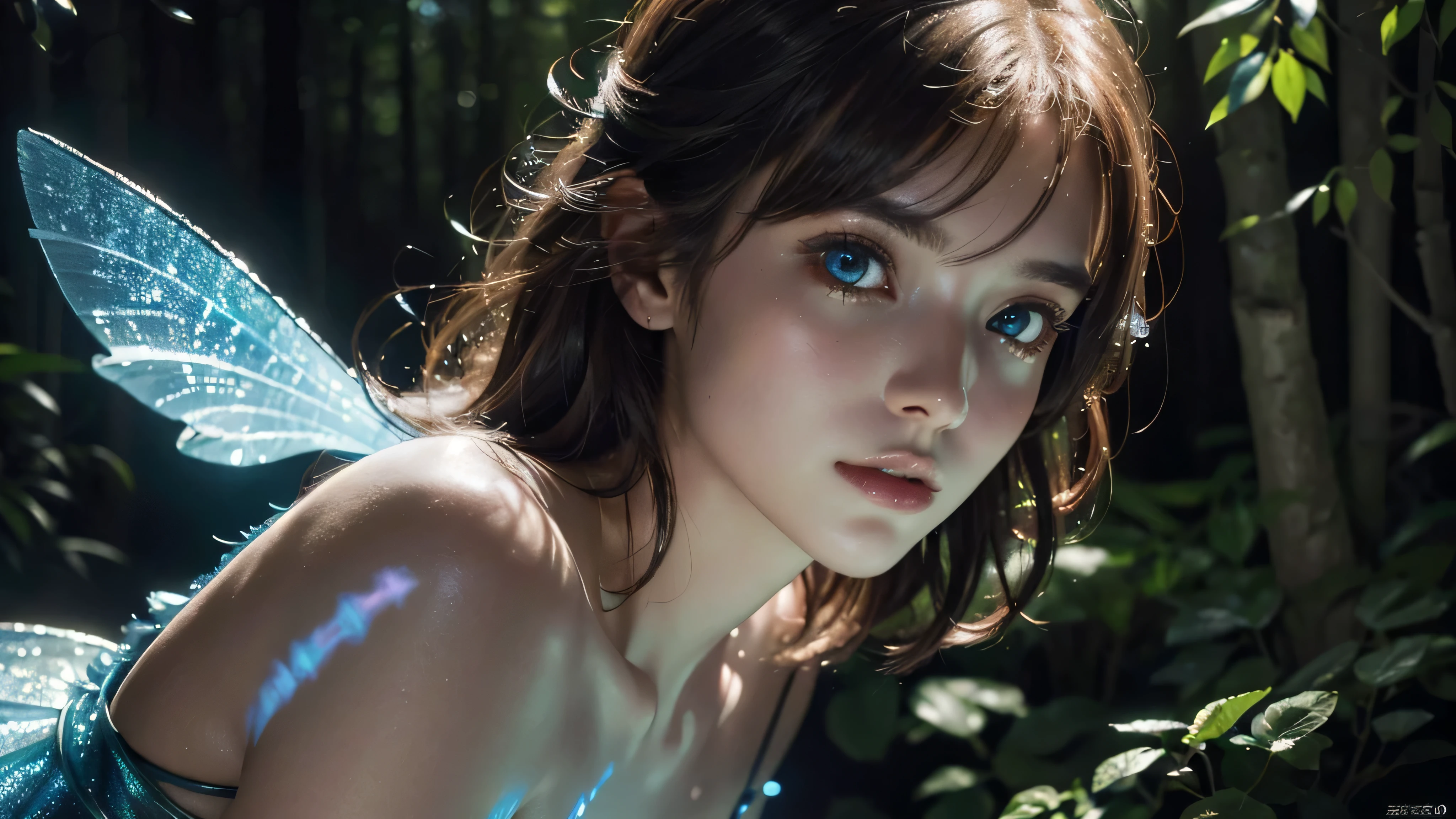 roseleslie woman as a fairy,(highly detailed:1.2),(best quality:1.2),(8k:1.2),sharp focus,(subsurface scattering:1.1),award-winning photograph,professional portrait photography,(close shot:1.1) (glowing bioluminescent forest:1.2),iridescent fairy wings,sultry expression (very detailed background:1.2),(magical fantasy:1.0), (knollingcase:1.1),(analog style:1.1),(modelshoot style:1.2),dramatic lighting