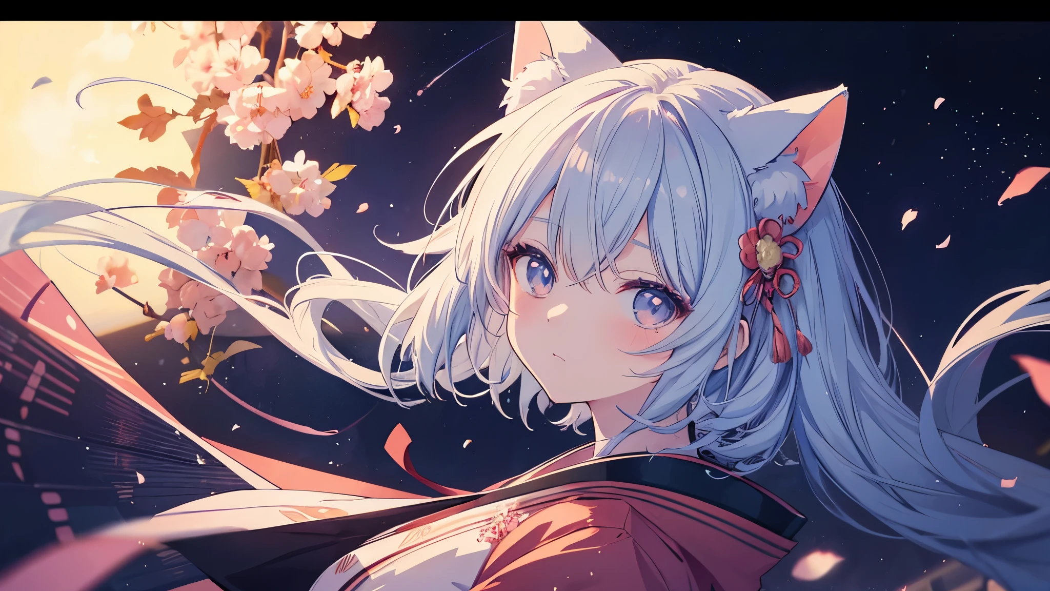 Anime cat girl wearing cat ears kimono, Look at your shoulder, Anime drawing by Yang J, Pixiv contest winners, serial art, デジタルanime illustration, kawashi, anime style illustration, anime style 4k, beautiful anime portrait, anime style portrait, anime style artwork, Guweiz style artwork, anime illustration, digital anime art, Detailed digital anime art, beautiful starry sky, ((beautiful night view))
