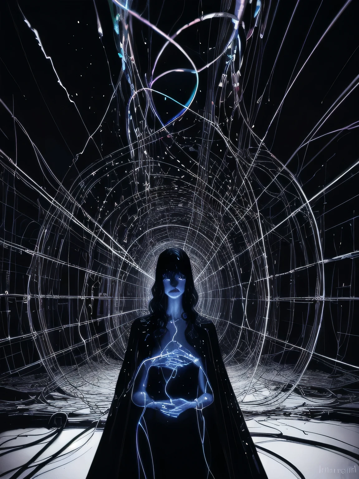 Alexander Calder style mysterious figure emerges from the shadows in a tangled mess of iridescent wires and glowing mesh, afterglow hidden behind layers of glitched wavy distortions, non-representational, color connection and Changeling Sentinel, frustrated of feelings, imaginative, highly detailed, realistic, detailed, balanced, by Trey Ratcliff, Klaus Herrmann, Serge Ramelli, Jimmy McIntyre, Elia Locardi, (????), black and white , detective , crime , mystery