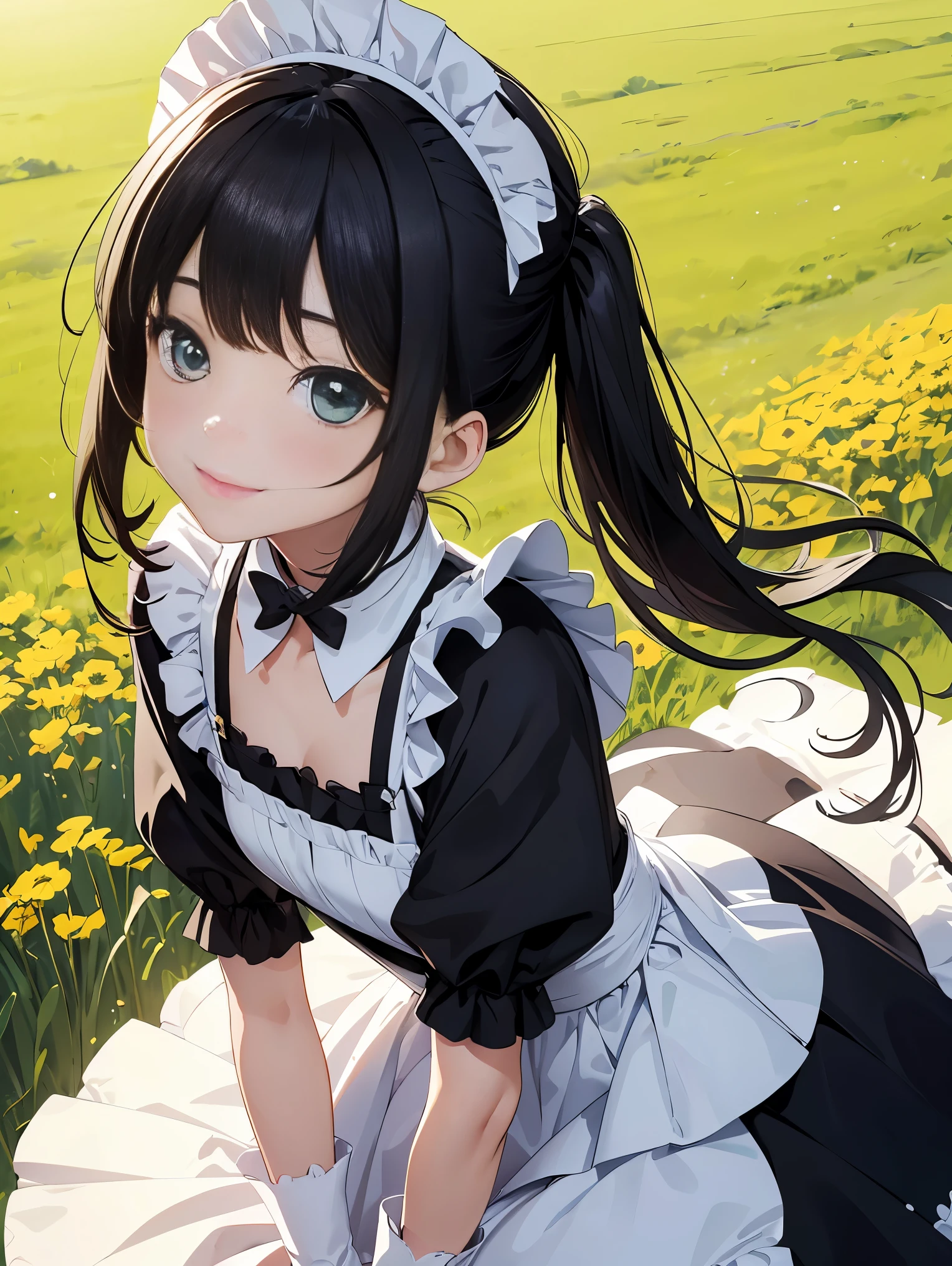 top-quality、​8K Masterpiece、Draw the face in detail、1 ish girl、maid costume、kawaii pose、professional lighting、Happy expression、Shiny black hair、perfect anatomy、In a green meadow