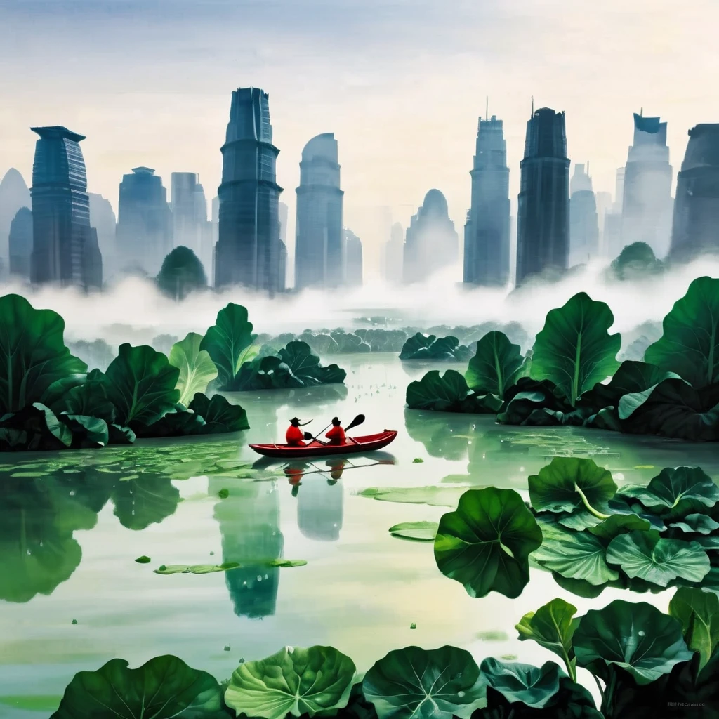 Imagine an expansive, dew-filled terrain where colossal bok choy leaves rise like lush green skyscrapers in a verdant metropolis. In the foreground, a small red boat with two tiny adventurers is rowing across a reflective water surface that seems vast and lake-like due to their miniature perspective. The leaves, with veins like roadways and water droplets like morning mist, create a fresh, organic cityscape. The boat is detailed and vibrant, contrasting with the monochromatic green of the bok choy forest. The scene is filled with a sense of serene adventure, as if these tiny figures have found themselves in an unexplored, macroscopic world. Soft, natural light filters through the canopy, highlighting the intricate details and the translucence of the water droplets, while the background fades into a soft focus, enhancing the depth and scale of this miniature