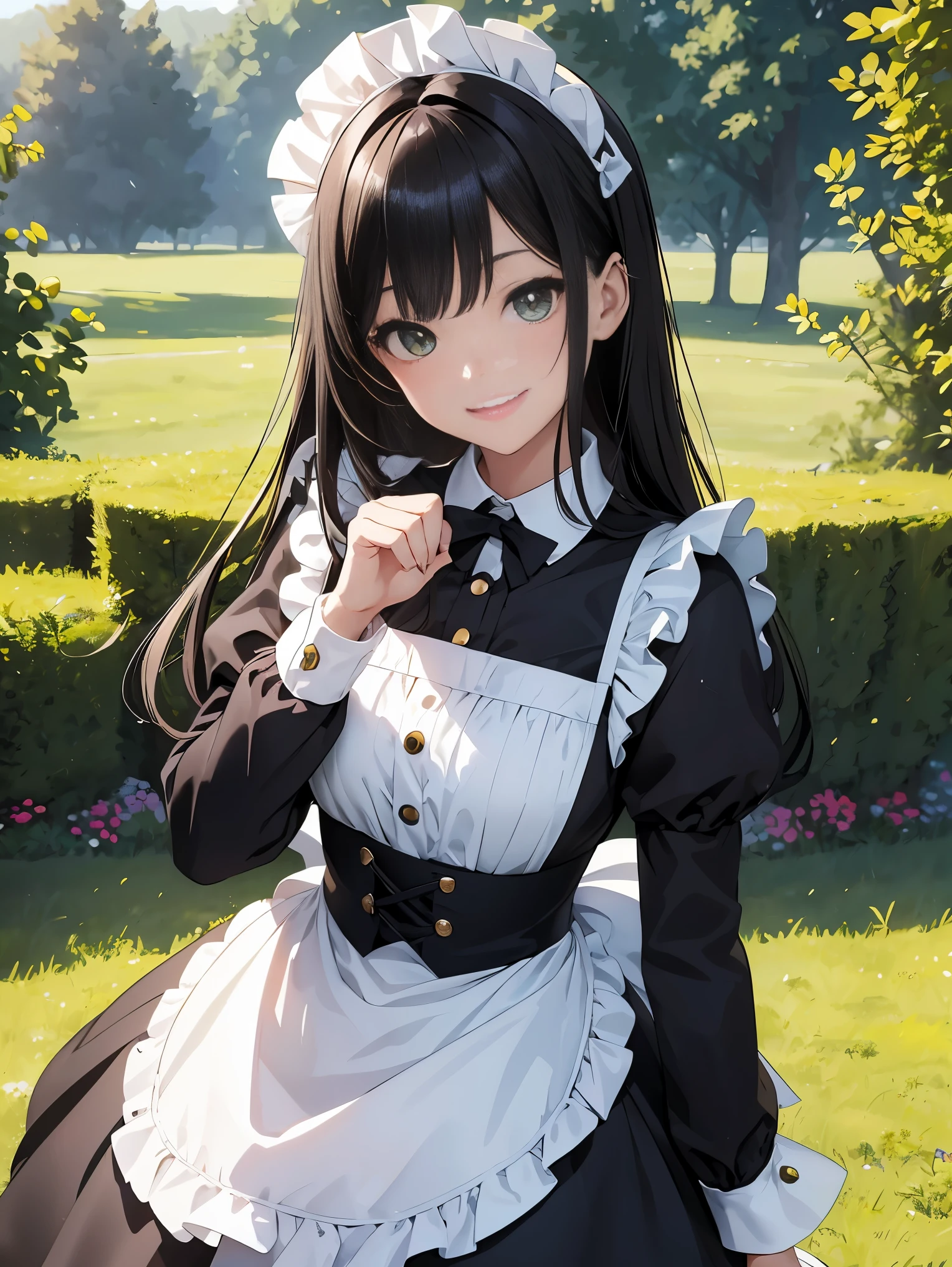 top-quality、8K Masterpiece、Draw the face in detail、1 childish girl、maid costume、kawaii pose、professional lighting、Happy expression、Shiny black hair、perfect anatomy、In a green meadow