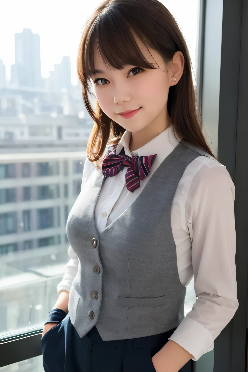 1girl, matured female, vest, bow, photo, realistic, best quality, hires, detailed face, office, buildings from window, detailed background, diffused sunlight, depth of field, bokeh