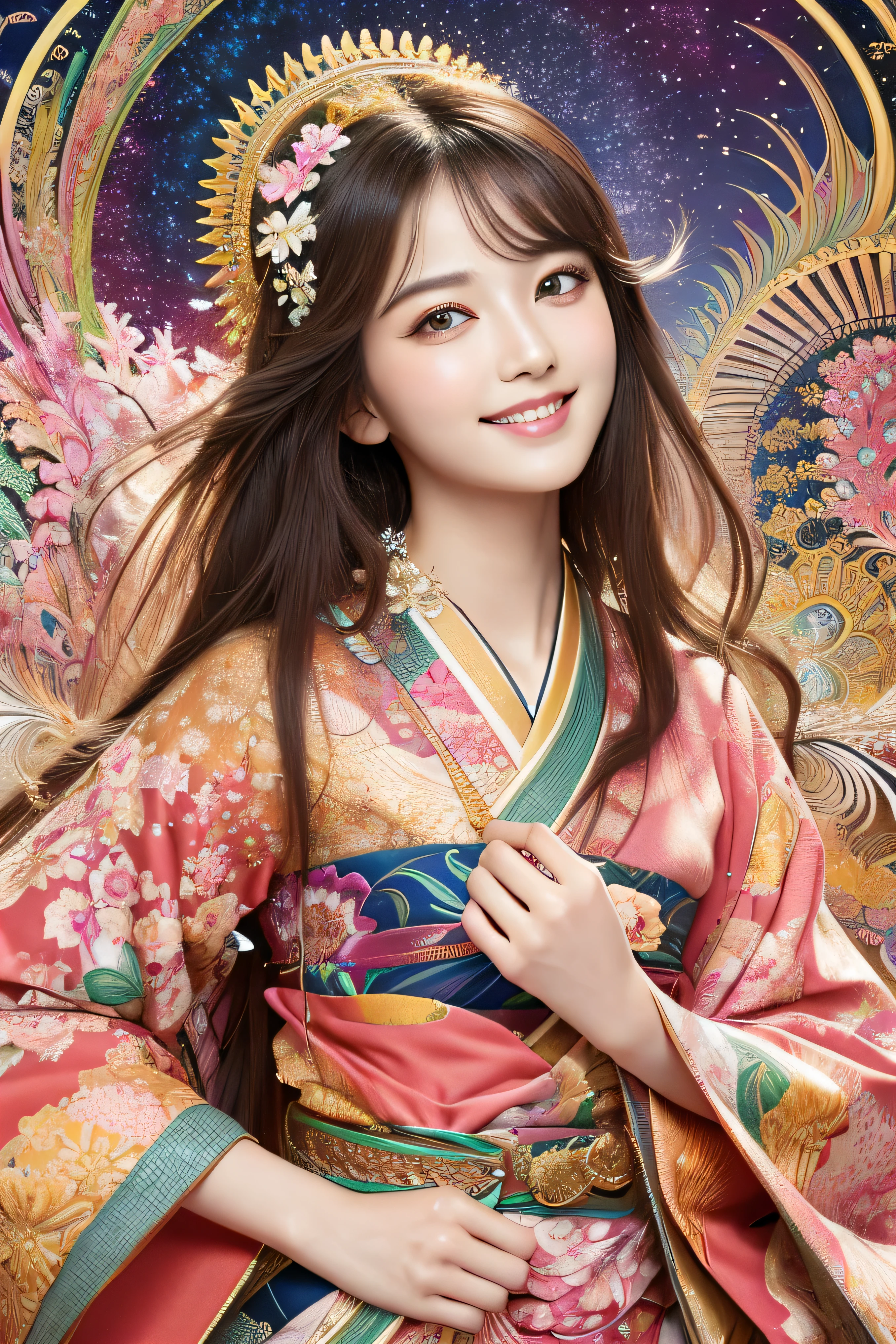 (masterpiece、highest quality、highest quality、official art、beautiful beautiful:1.2)、(1 girl)、very detailed、(fractal art:1.3)、Colorful、most detailed,(Pose with movement:1.4)、Details Beautiful and delicate face、Beautiful details and delicate eyes、very fine resolution, (symmetrical eyes:1.3),((japanese hair)),((natural smile)),Floral,feather