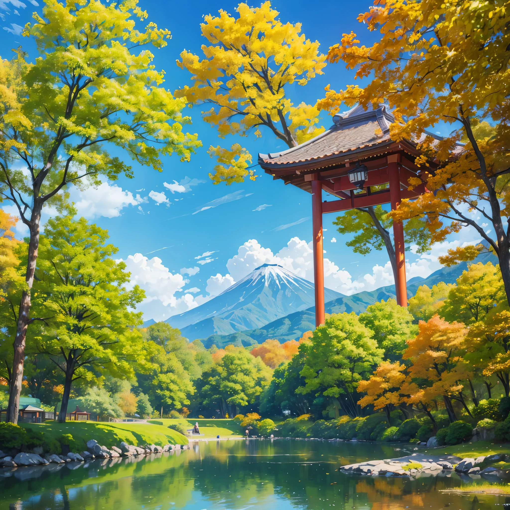 A Japanese park, with trees with yellow leaves, a walk through the park, several leaves falling to the ground, a lake in the park, a gazebo. Blue sky, clouds, mountains in the background,very detailed, ultra resolution, masterpiece. 8k hd.