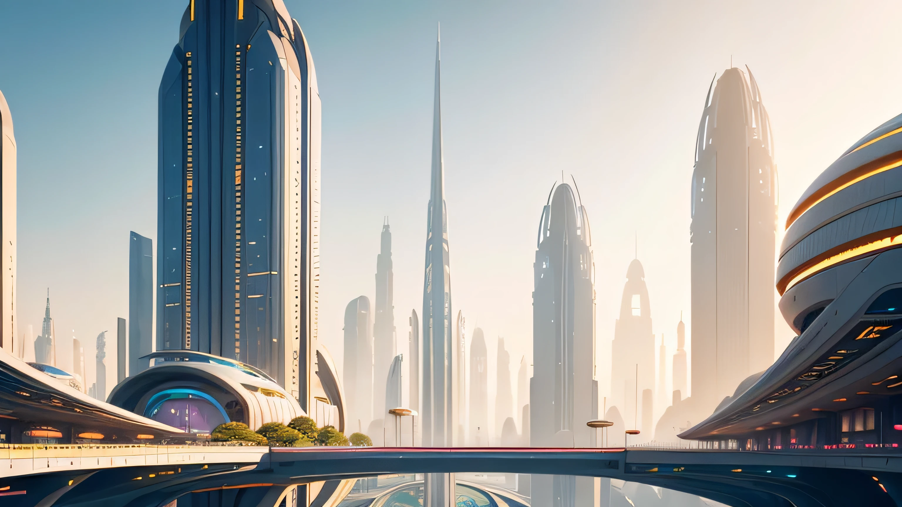 On an unknown planet there is a futuristic fantasy city with huge buildings of technological design. (which form an endless avenue), with silver glazed designs, Impressive gold and bronze. and bridges between buildings, with bright flowers. boring sidewalk. People are coming. looks like flickering. Clear image with many buildings together. clear and crisp 8k image.