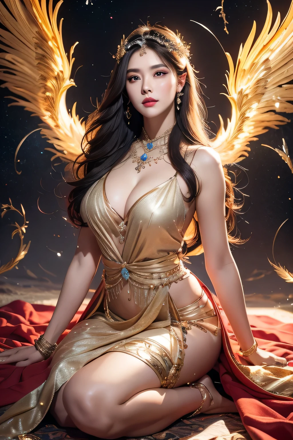High-quality work,Realistic works,Super premium graphics,8K HD CG works,high quality graphics,High-definition and exquisite CG works,10x pixels,Ultra-fine details:1.1,Advanced technical details:1.1Realistic photo effects,Interior lighting effects:1.5,natural soft light:1.5. Light effect(Virtual light effects:1.8),ultra high resolution,shining dress,sliver long hair,silber hair,transparenthair,high detailed hair(Quality hair details:1.1)Clear eyes,Double eyelids look good,Sharp eye makeup, Create exquisite eyelash makeup, tthin eyebrows, Ultra-detailed eyes,a tall nose, lovely red lips, rosey cheeks, With delicate makeup on her face , pretty face, The face shape is perfectly proportioned,(Advanced facial details:1.1)Beautiful Valkyrie,(best qualtiy,hyper HD, Masterpiece, 16k),Goose egg face,largeeyes,long eyelasher,There are precious stones on the forehead,Exquisite(live-action realistic style),Star-like eyes,Ultimate face,Photorealistic light and shadow,Clear facial features,Milky white skin,Fair skin, highdetailskin,Realistic skin details,Visible Pore,(Super detail), body,Carmelto, full bodyesbian,She wears long loose black hair and reaches her waist,(hair flowing), Smoothness,Huge wings,Crystal wings,(Super detail),Wear a transparent silk cardigan dress,Beautifully decorated,((dynamicposes),sat on the ground,Legs slightly open),Be red in the face,((Dynamic background((Red lightning)),Fantasy space,Luxurious space,NSFW:1.07,Women's artwork,Dress full body video,Realism,Amazing Cleavage,My eyes are very bright today