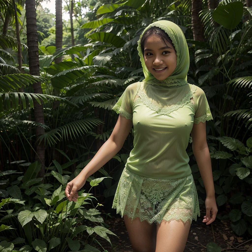 A  Indonesian woman in light green hijab, wearing very short light green lace tight t-shirt, wearing very short see-through light green lace skirt, skirtlift, villager, poor woman, darker skin, curvier body, short body, small breasts, smiling and standing in a dark forest, look to the viewer with eye close