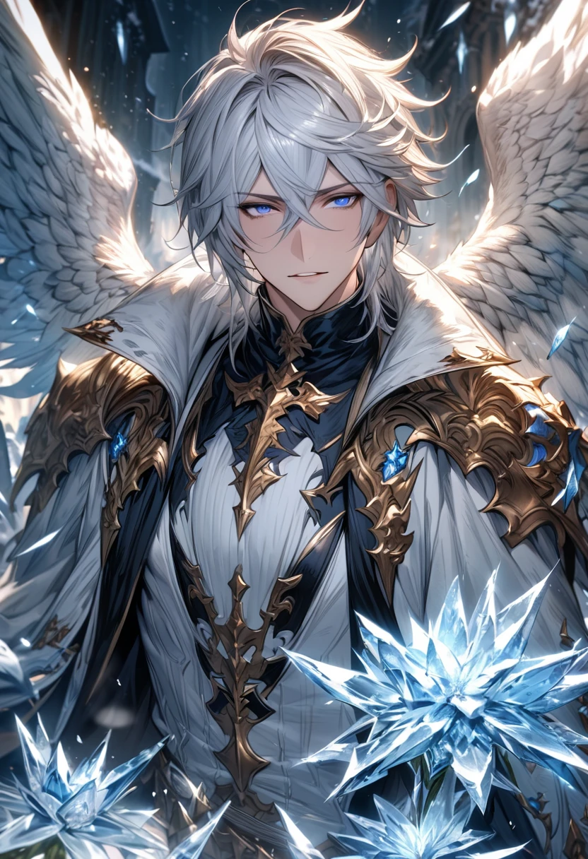 absurdres, highres, ultra detailed, HDR), masterpiece, Lucifer, white short hair, hair between the eyes, expressive blue eyes, 1man, handsome, granblue fantasy, fantasy black and white clothes, angel wings, winter, ice butterflies, ice flowers