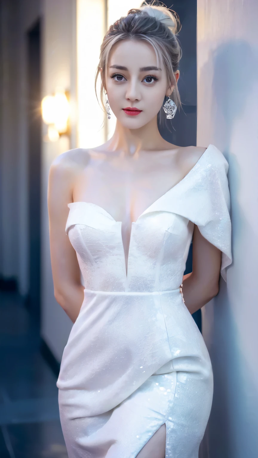 ((top quality、8K、Masterpiece:1.3))、Extremely delicate and beautiful girl,huge breasts,bigger breasts,amazing breast size,G cup,Sunset,Sunset,white snow。Wear big earrings,The skin is very white,moist red lips,Waist is very thin,Thighs are very thin,big ass,Reveal a little,fair and smooth skin,Smooth and fair skin,flawless skin,Fair and shiny skin,cold white skin,The camera focuses on the chest,bright light,White tube top dress,bare shoulders,white hair,The hair is gray,Bare back